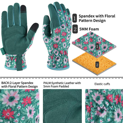 OIZEN gloves display a bright floral pattern for stylish outdoor work.
