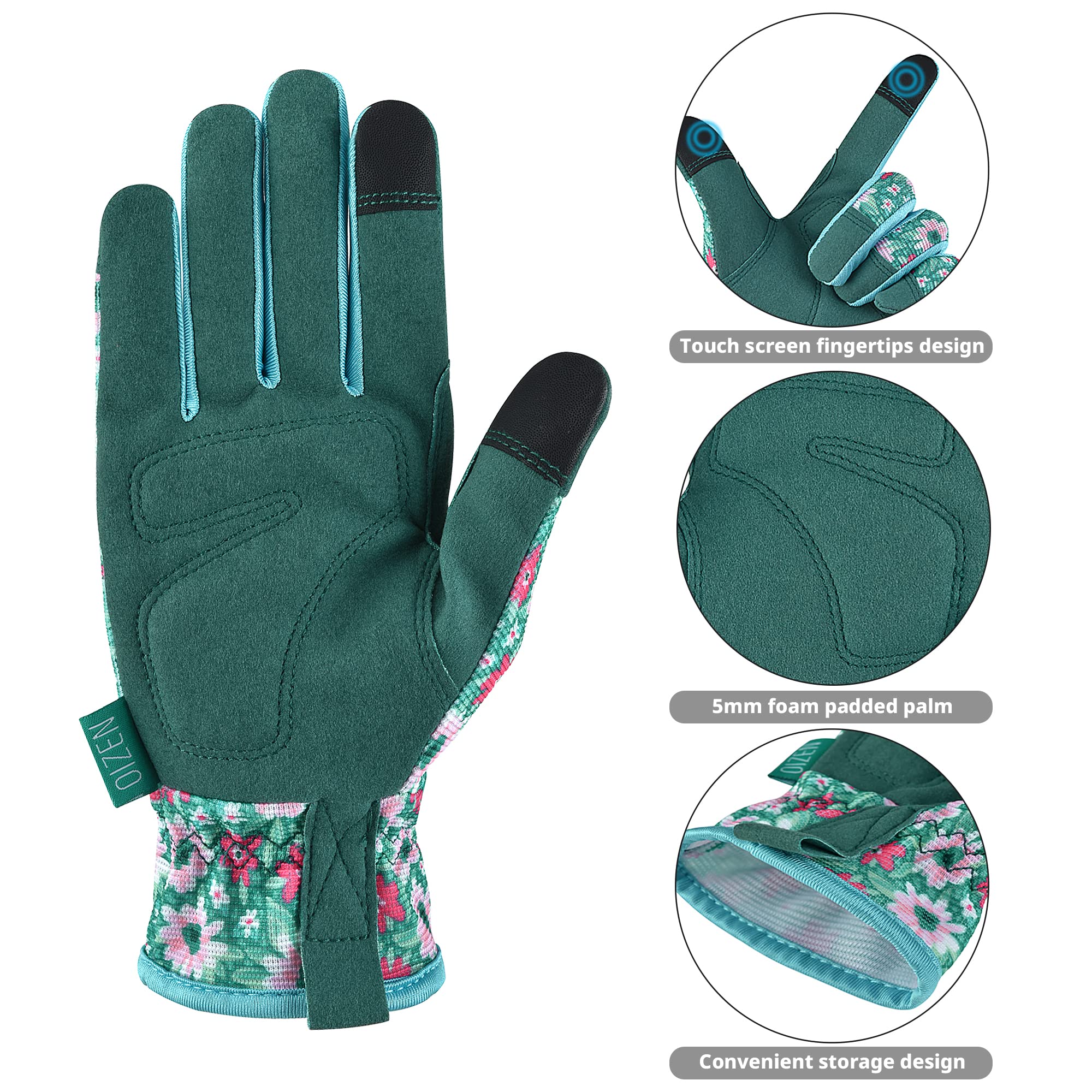 OIZEN gardening gloves reinforced fingers provide extra protection during pruning.