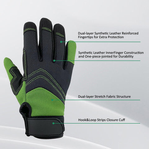 OIZEN Safety Work Gloves back view showing breathable stretch fabric for flexible movement.