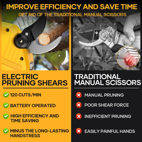 Tree branch pruning captured with cordless ease using Okeelney shears.