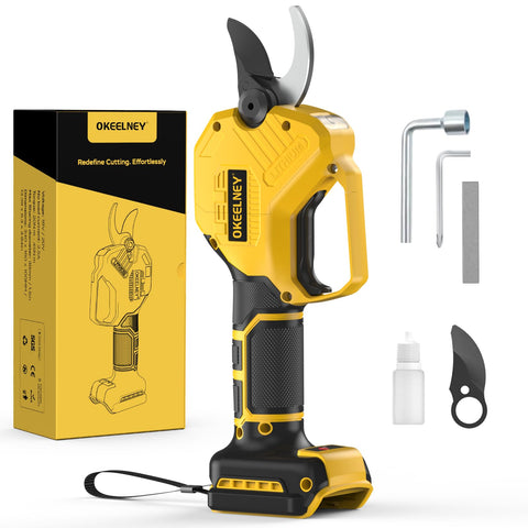 Okeelney electric pruning shears with DeWalt 20V Max compatibility for cordless use.