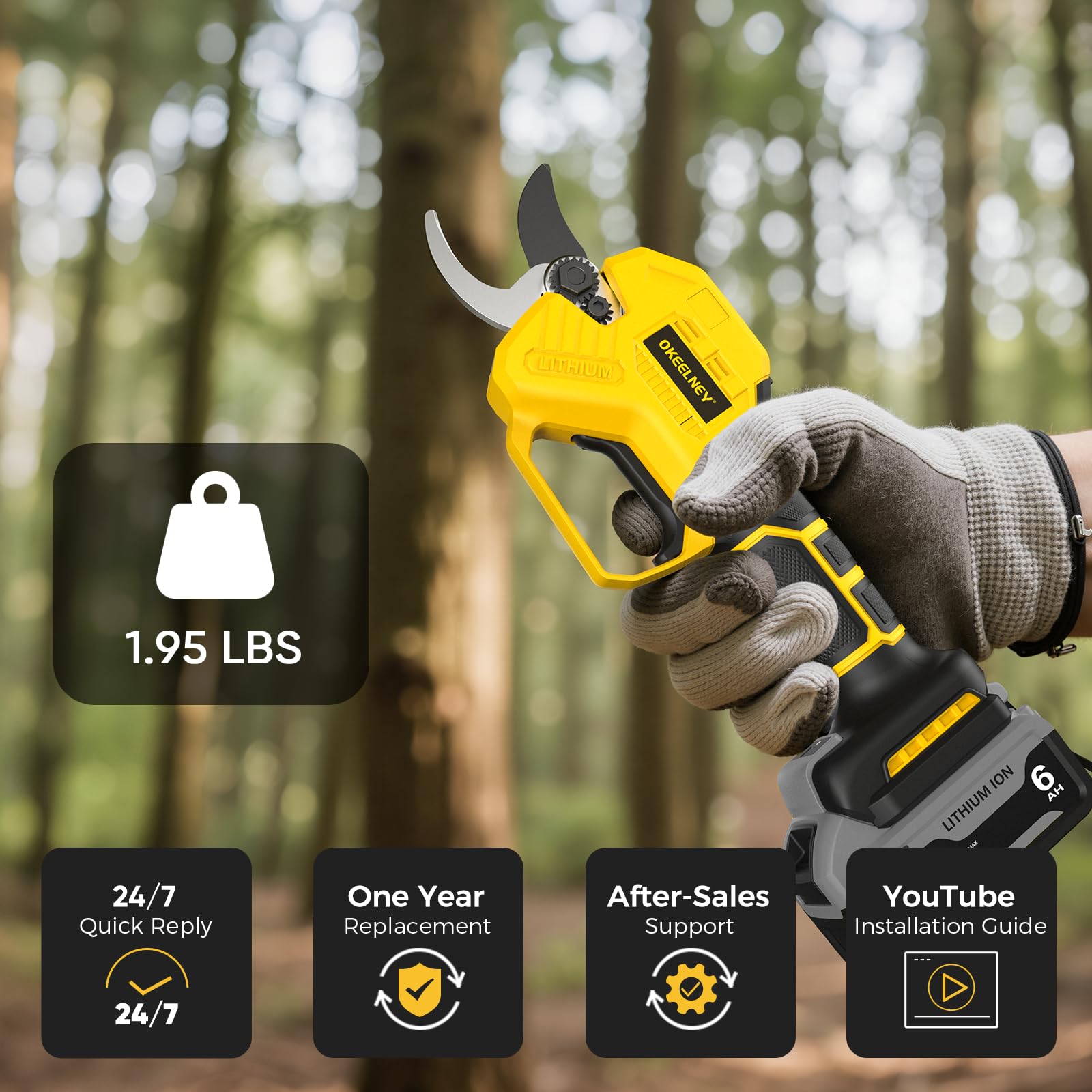 Integrated LED light guides cuts for precision during low-light pruning tasks.