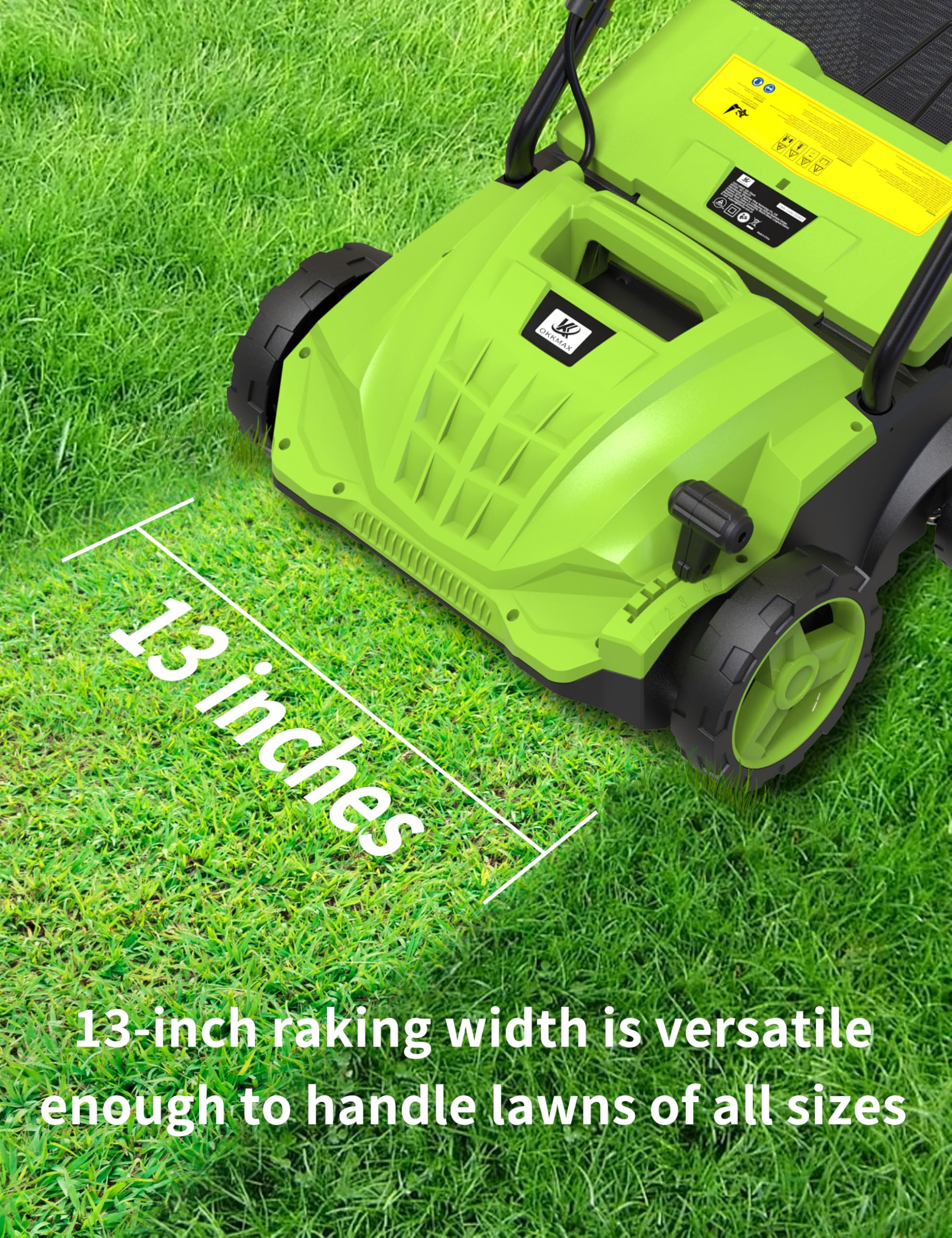 OKKMAX dethatcher with folded handle ready for compact storage and transport