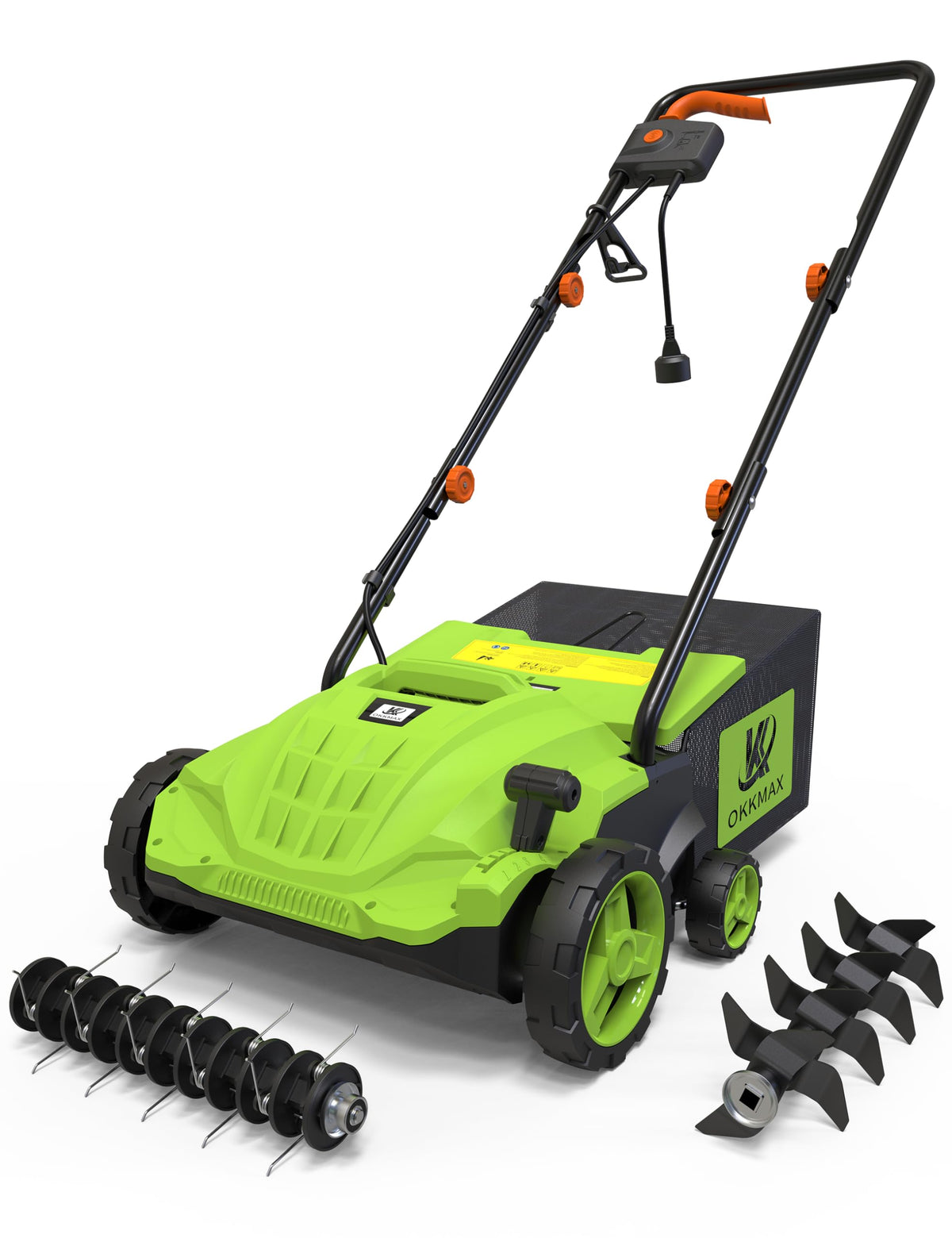 OKKMAX 2-in-1 dethatcher front view for easy lawn aeration and quick grooming