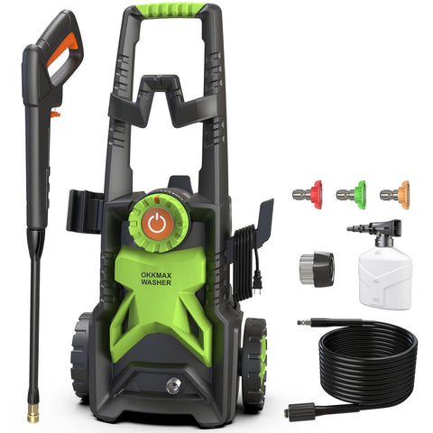 OKKMAX high pressure washer with adjustable knob enables precise cleaning control.