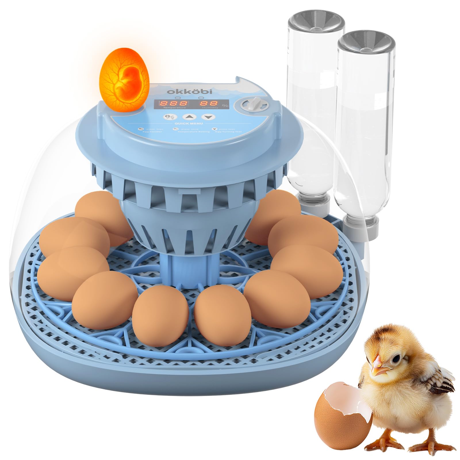 OKKÖBI 12-egg incubator with automatic turning for steady hatch readiness.