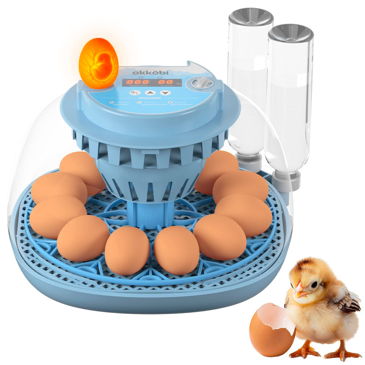 OKKÖBI 12-egg incubator with automatic turning for steady hatch readiness.