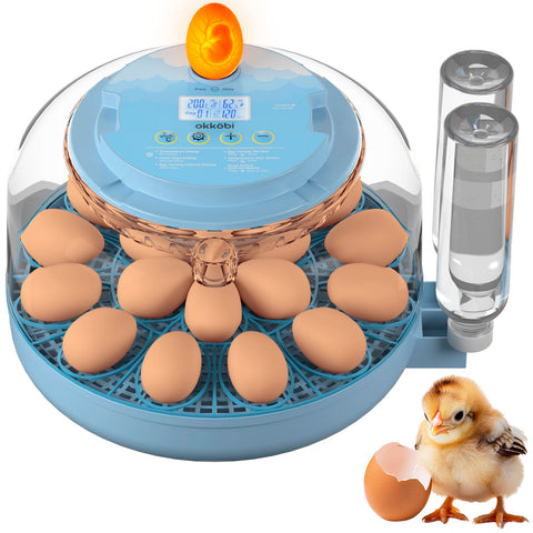OKKÖBI 18 egg incubator with automatic turning showing even warmth for eggs