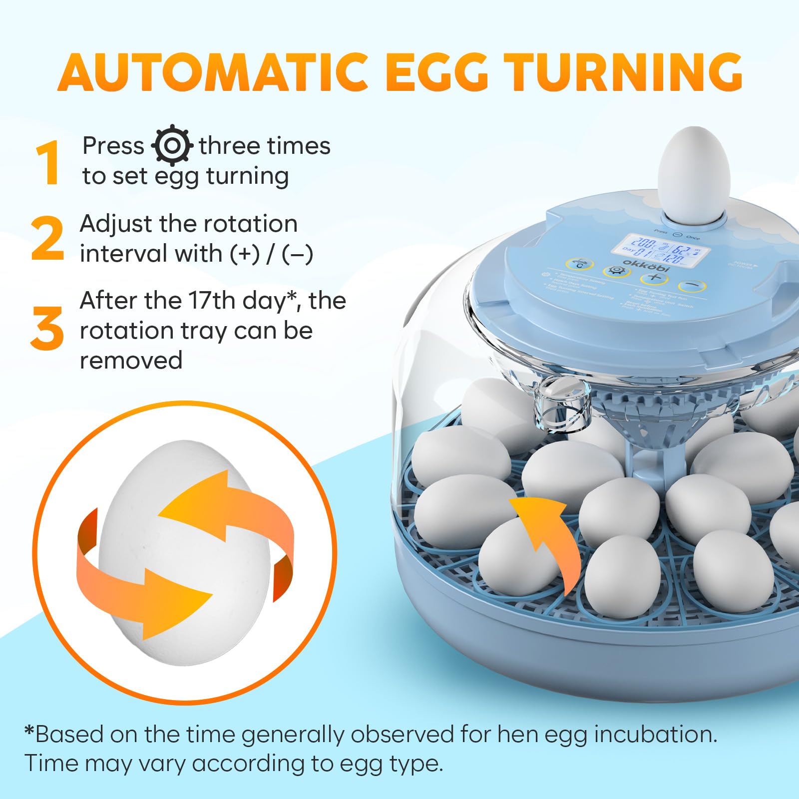 OKKÖBI two trays in the incubator for different egg sizes