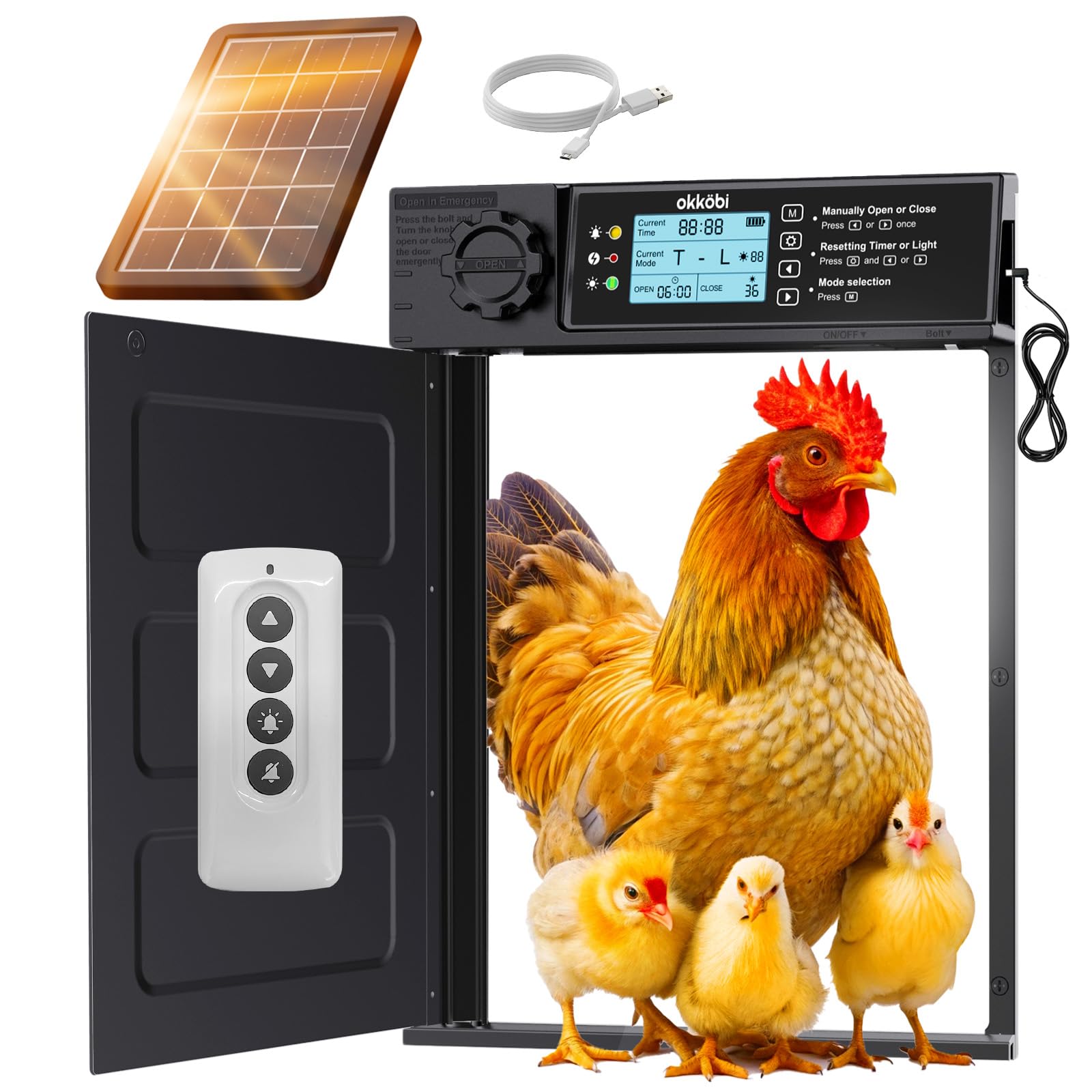 OKKÖBI Chicken Coop Door PRO solar panel powers hands-free opening for easy flock management.