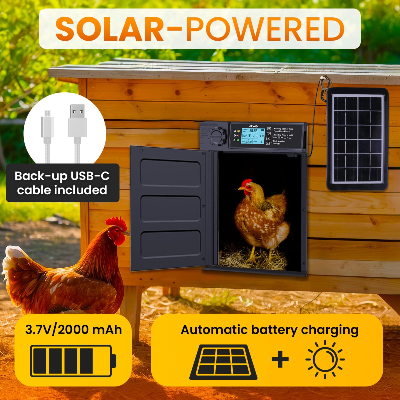 OKKÖBI Door PRO includes USB-C backup for continuous operation when sun is low.