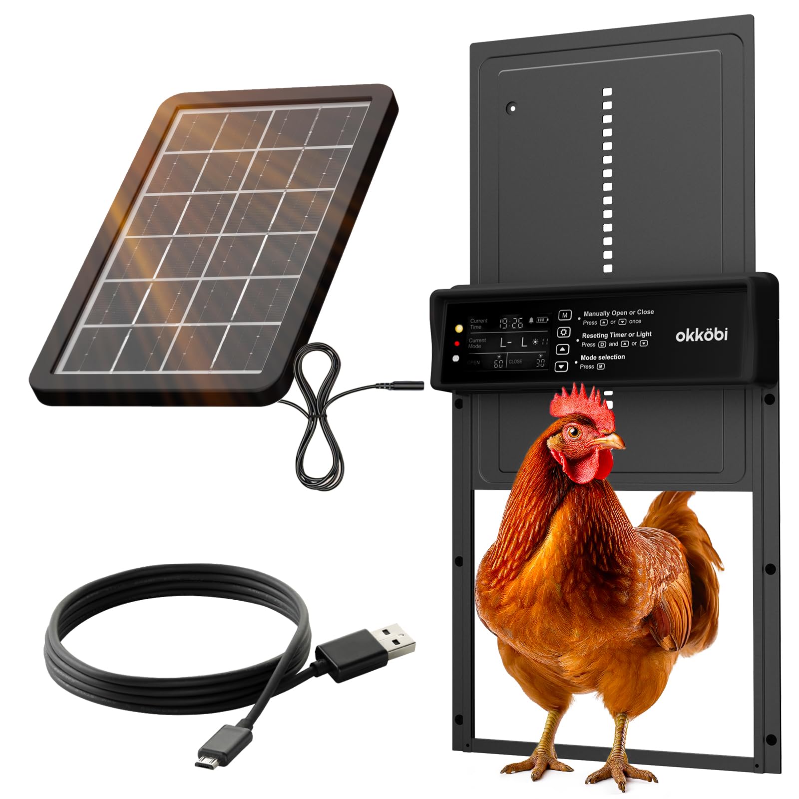 OKKÖBI automatic chicken coop door with solar panel enabling hands-free operation