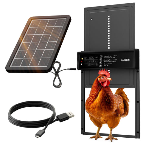OKKÖBI automatic chicken coop door with solar panel enabling hands-free operation