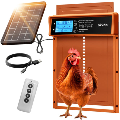 OKKÖBI solar panel powered coop door for off-grid reliability.