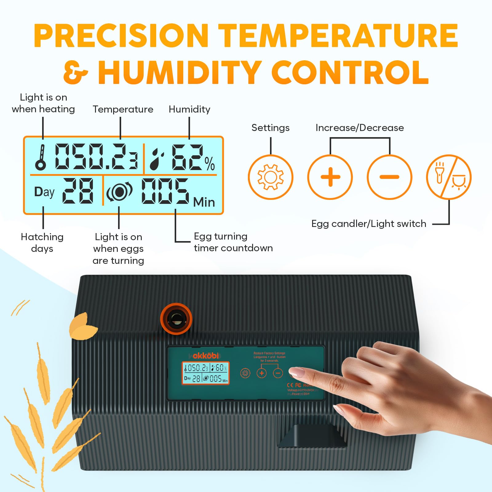 OKKÖBI M10 humidity control panel maintains stable moisture during incubation
