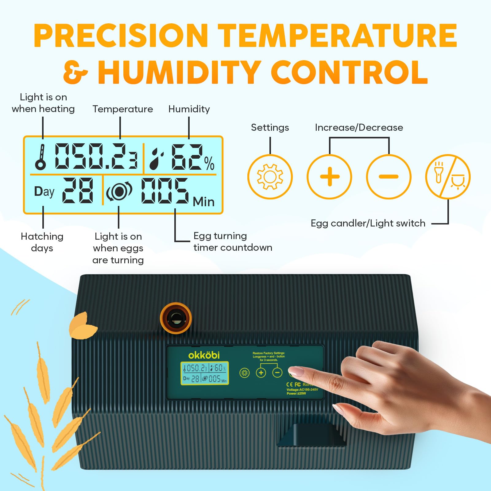OKKÖBI M10 incubator digital display shows temperature and humidity at a glance.