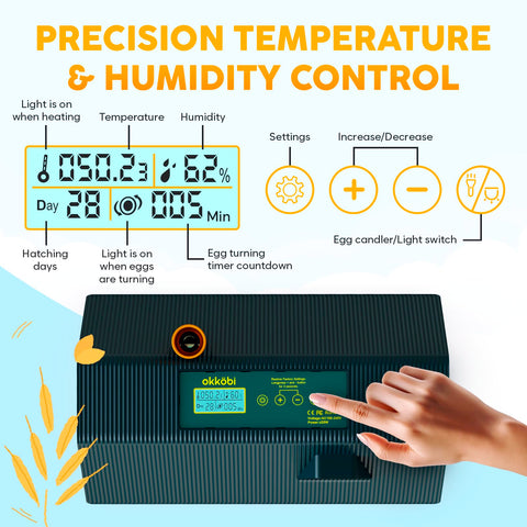 OKKÖBI M10 incubator digital display shows temperature and humidity at a glance.
