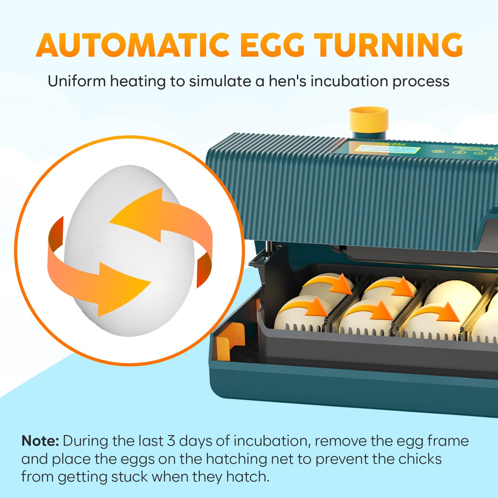 OKKÖBI M10 incubator built-in egg candler for observation.