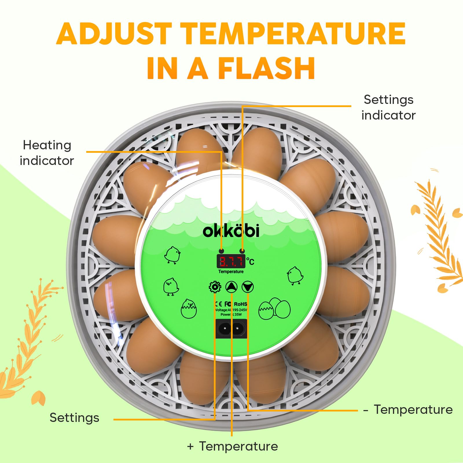 OKKÖBI M12 automatic egg turner ensures even rotation for healthy development.