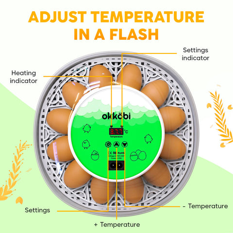 OKKÖBI M12 automatic egg turner ensures even rotation for healthy development.