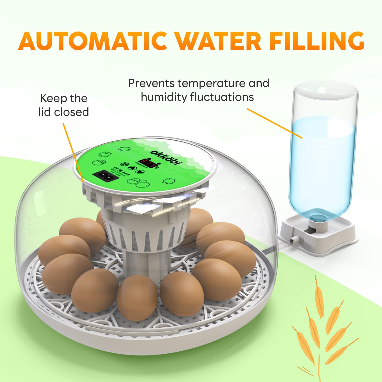 OKKÖBI M12 humidity control maintains stable moisture for consistent hatch conditions.