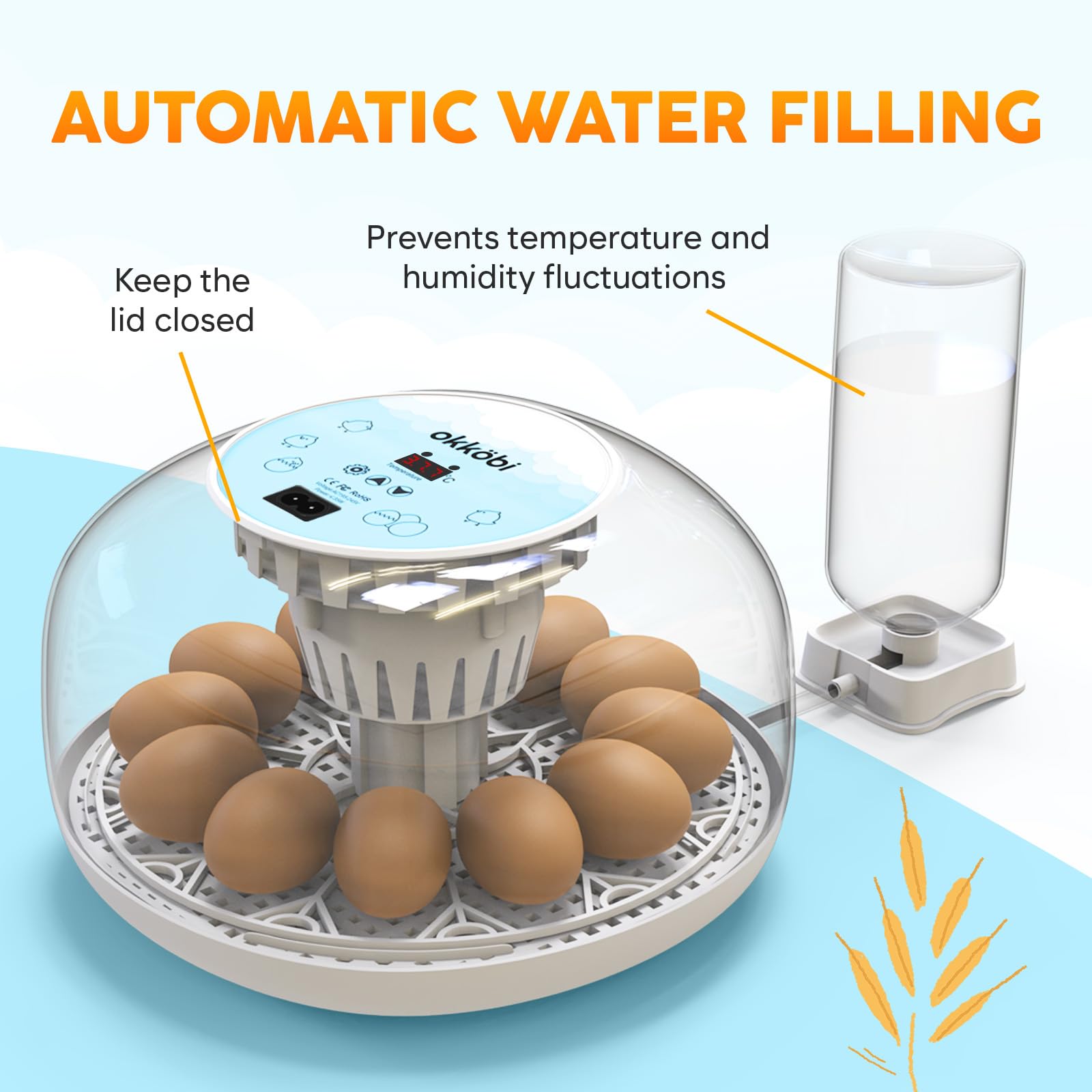 OKKÖBI M12 incubator humidity control keeps eggs at stable moisture