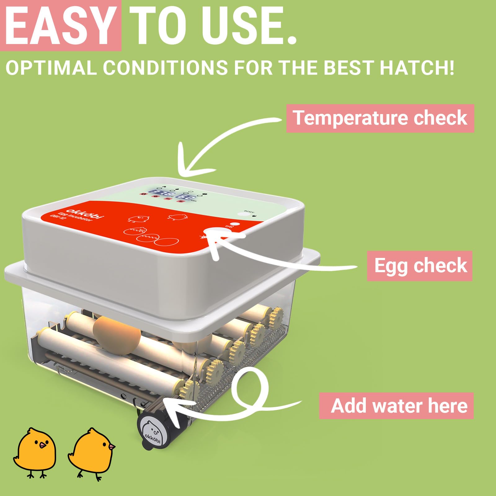 OKKÖBI OBI-12 incubator automatic turner demonstrates hands-off egg management.