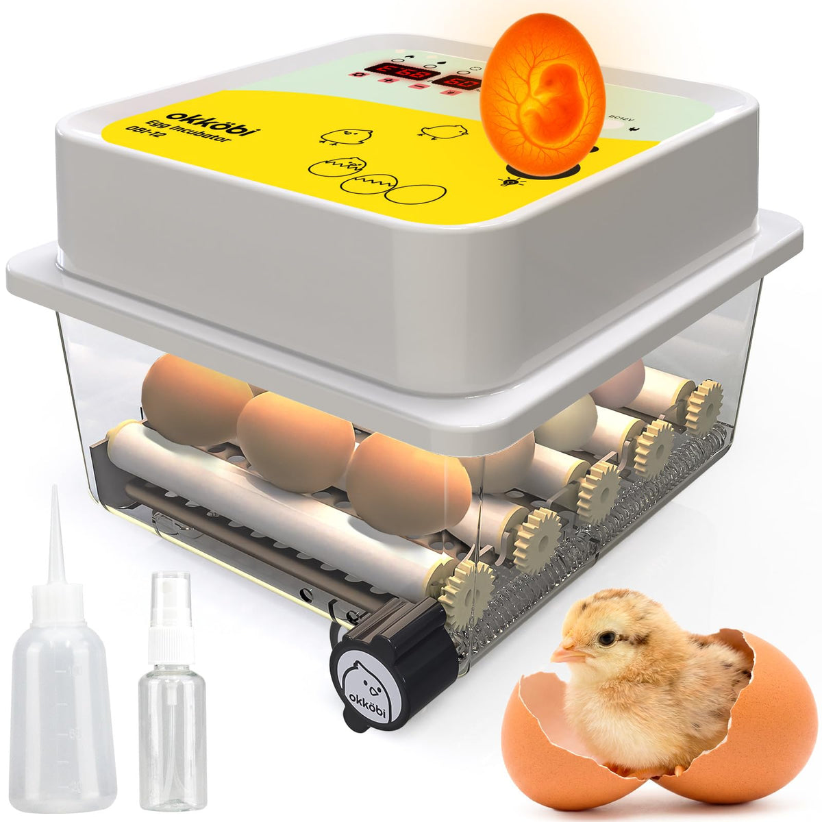 OKKÖBI OBI-12 incubator front view with 12-egg capacity for home hatchery.