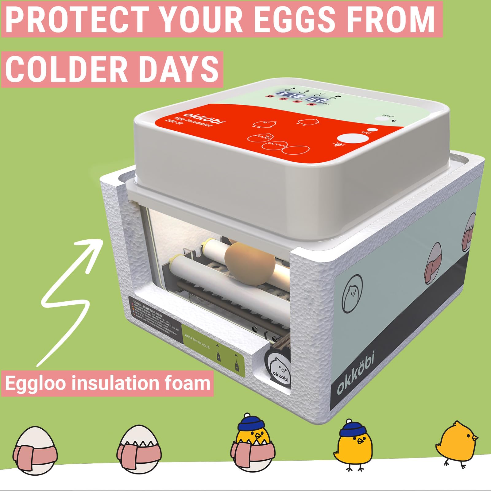 OKKÖBI OBI-12 incubator humidity control via water top-up design.