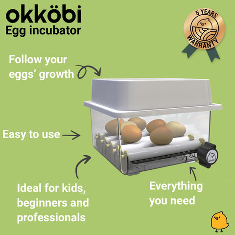 OKKÖBI OBI-12 incubator top panel shows temperature and humidity at a glance.