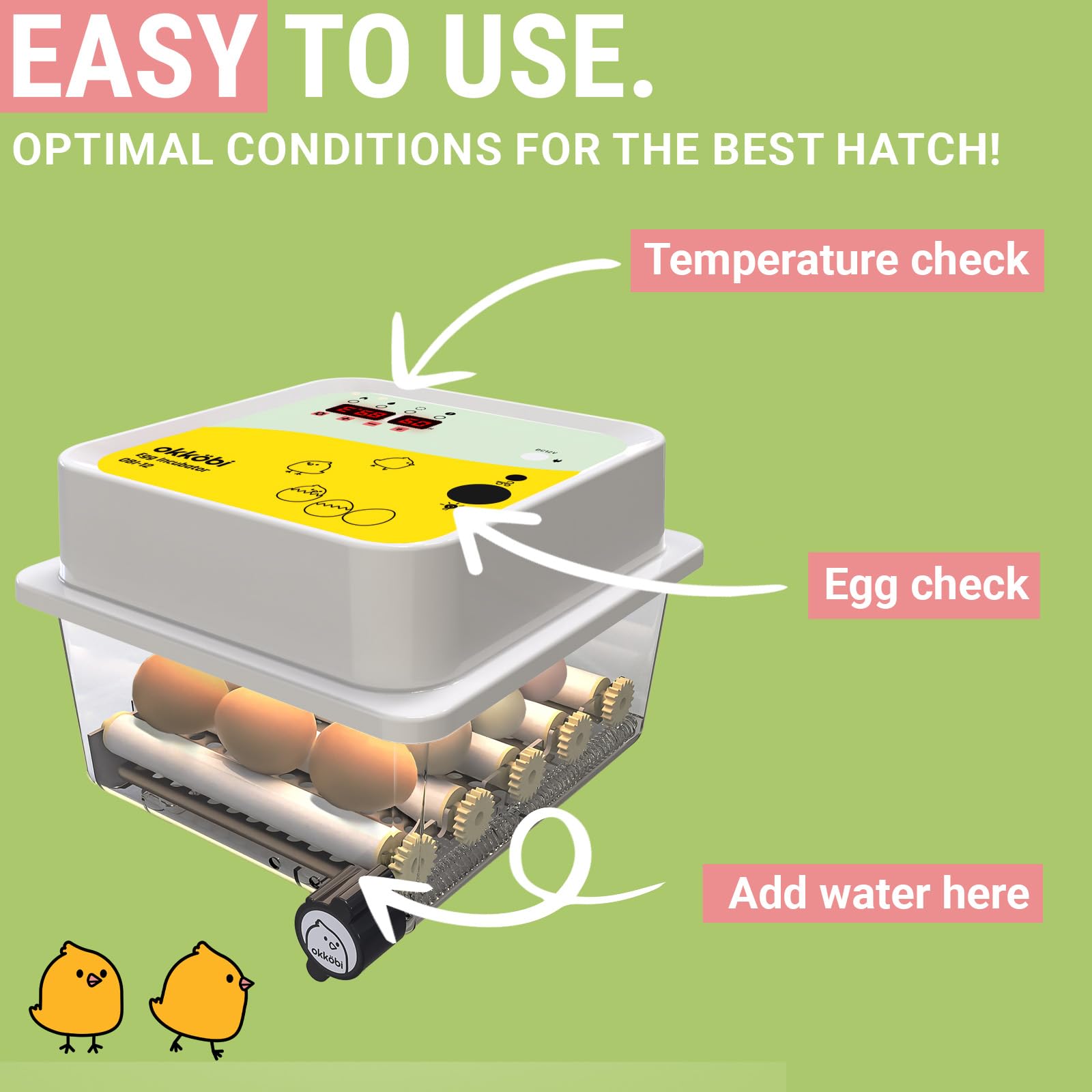 OKKÖBI OBI-12 interior showing automatic egg turner for even incubation.