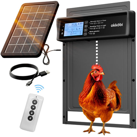 Okkobi solar coop door with LCD display enables easy remote control and safe chicken rearing.
