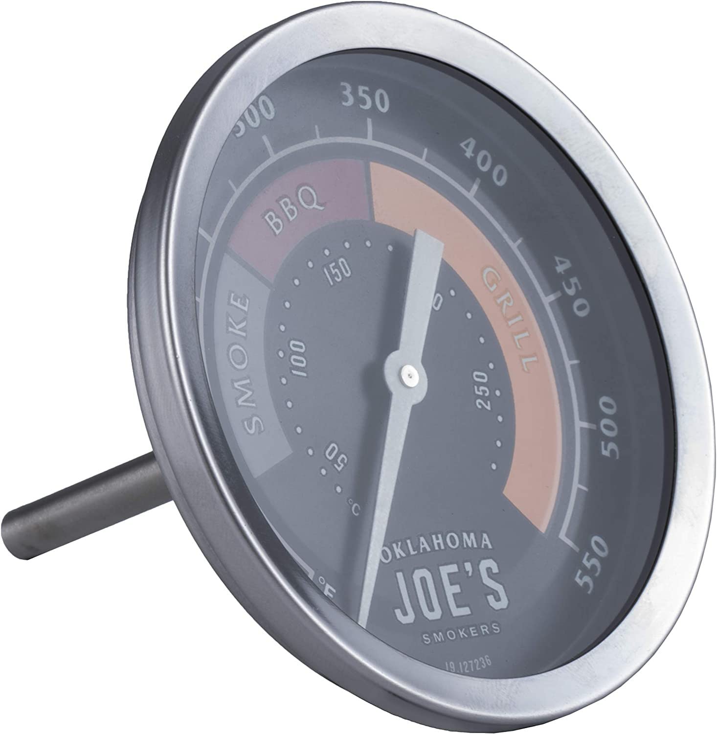 Oklahoma Joe's glow-in-the-dark dial aids night readings for the gauge.