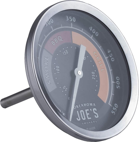 Oklahoma Joe's glow-in-the-dark dial aids night readings for the gauge.