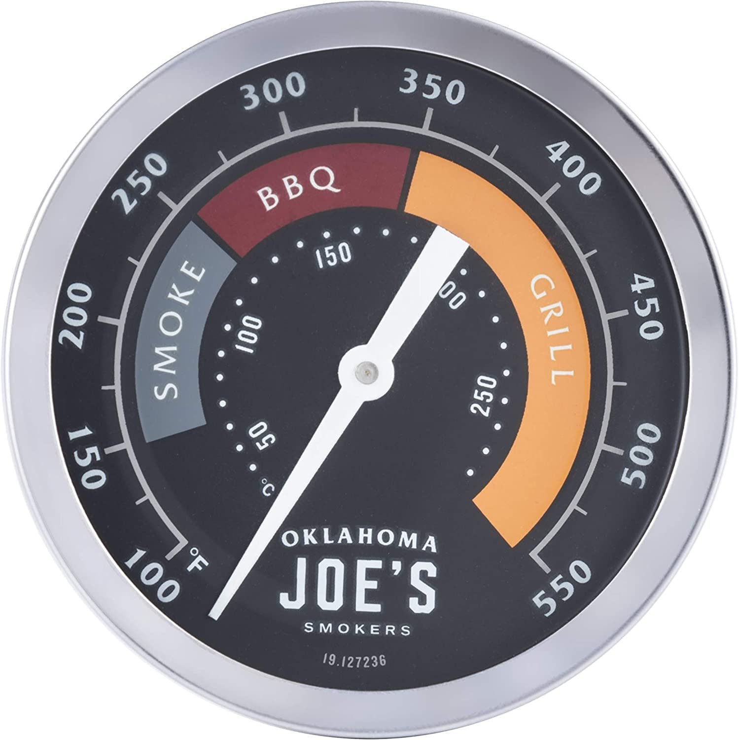 Oklahoma Joe's 3-inch gauge with a large face for quick temperature checks.