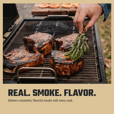 Smoker in use with Oklahoma Joe's Apple Wood Chunks aroma.