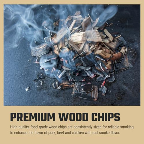 Oklahoma Joe's Cherry Wood chips on grill grates delivering clean, even burn and real smoke flavor.