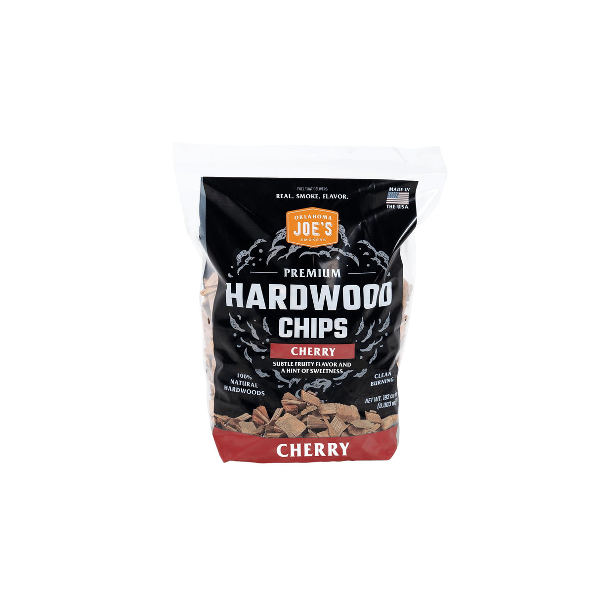 Oklahoma Joe's Cherry Wood Chips bag showcasing premium, natural hardwood for rich, smoky flavor in meals.
