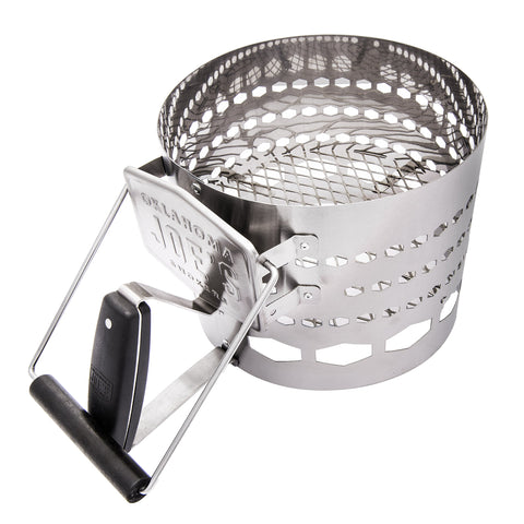 Oklahoma Joe's Halftime XL charcoal starter top view highlights high capacity for briquettes