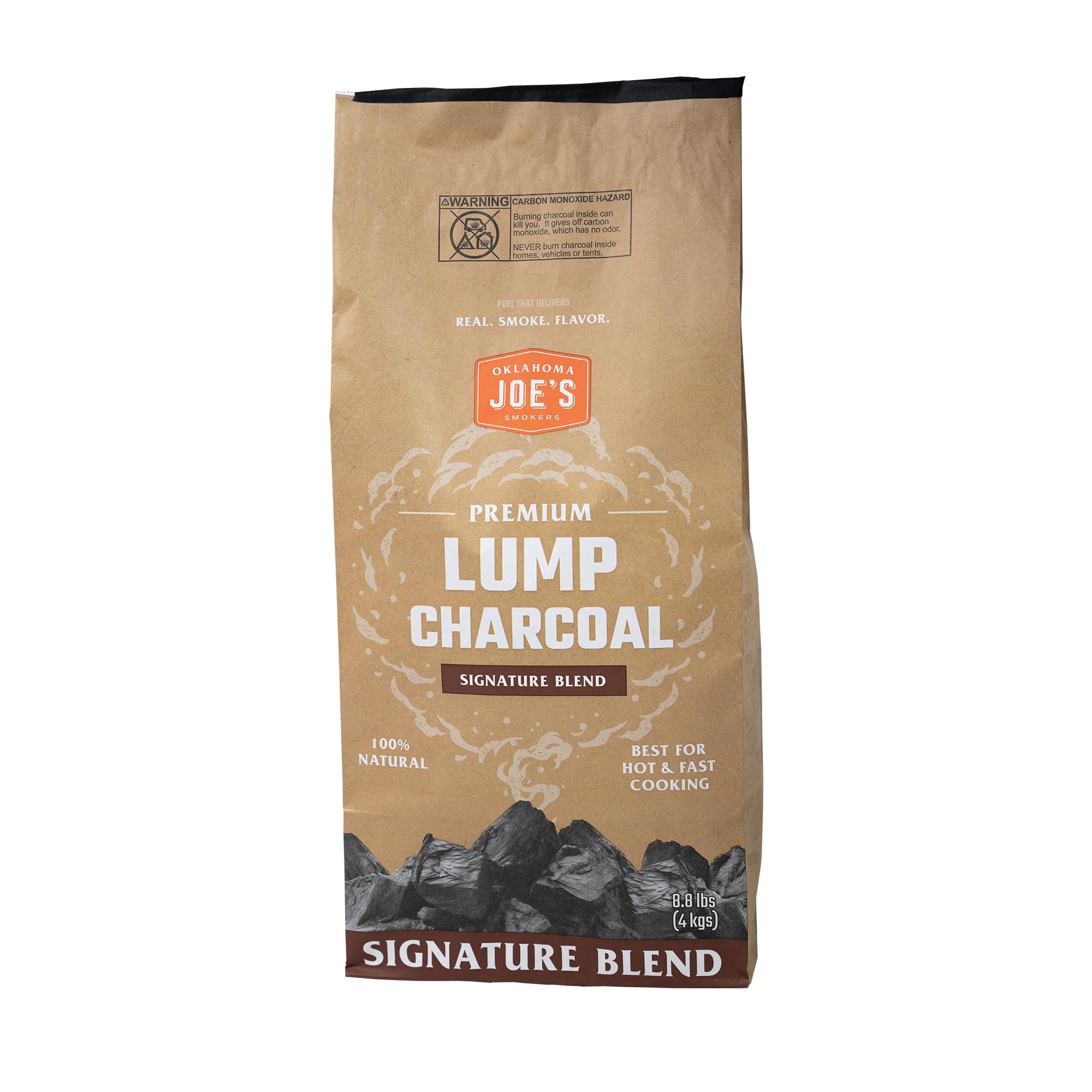Oklahoma Joe's hardwood lump charcoal bag showing clean-burning pieces for authentic smoke flavor.