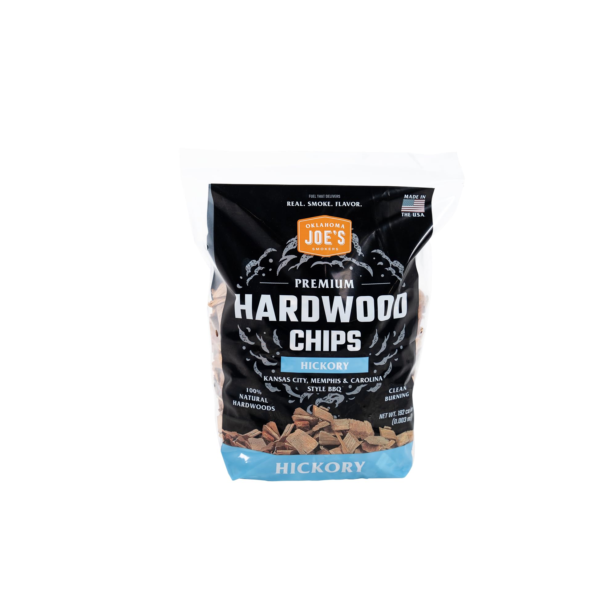 Oklahoma Joe's Hickory Wood Chips bag close-up showing clean-burning hardwood