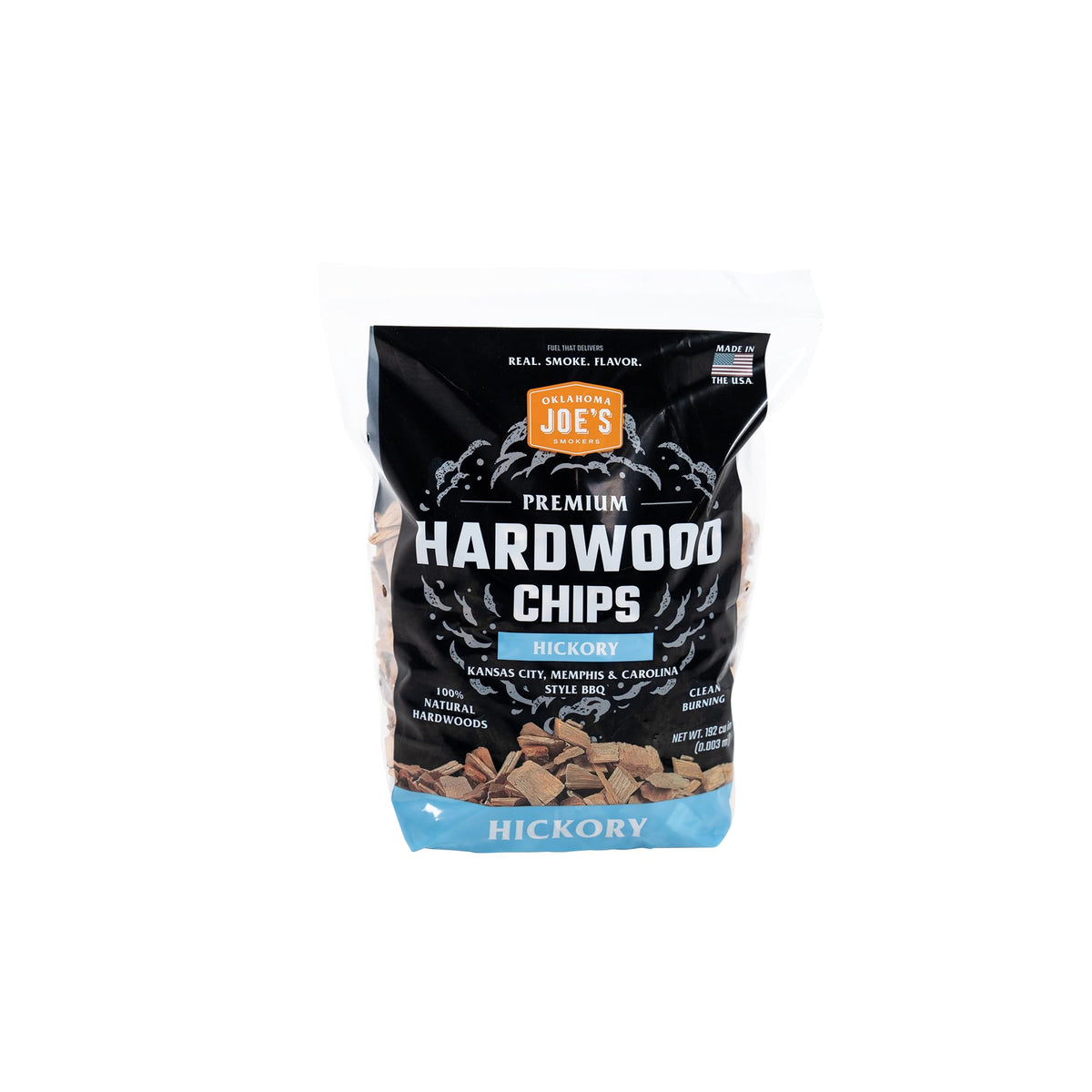 Oklahoma Joe's Hickory Wood Chips bag close-up showing clean-burning hardwood