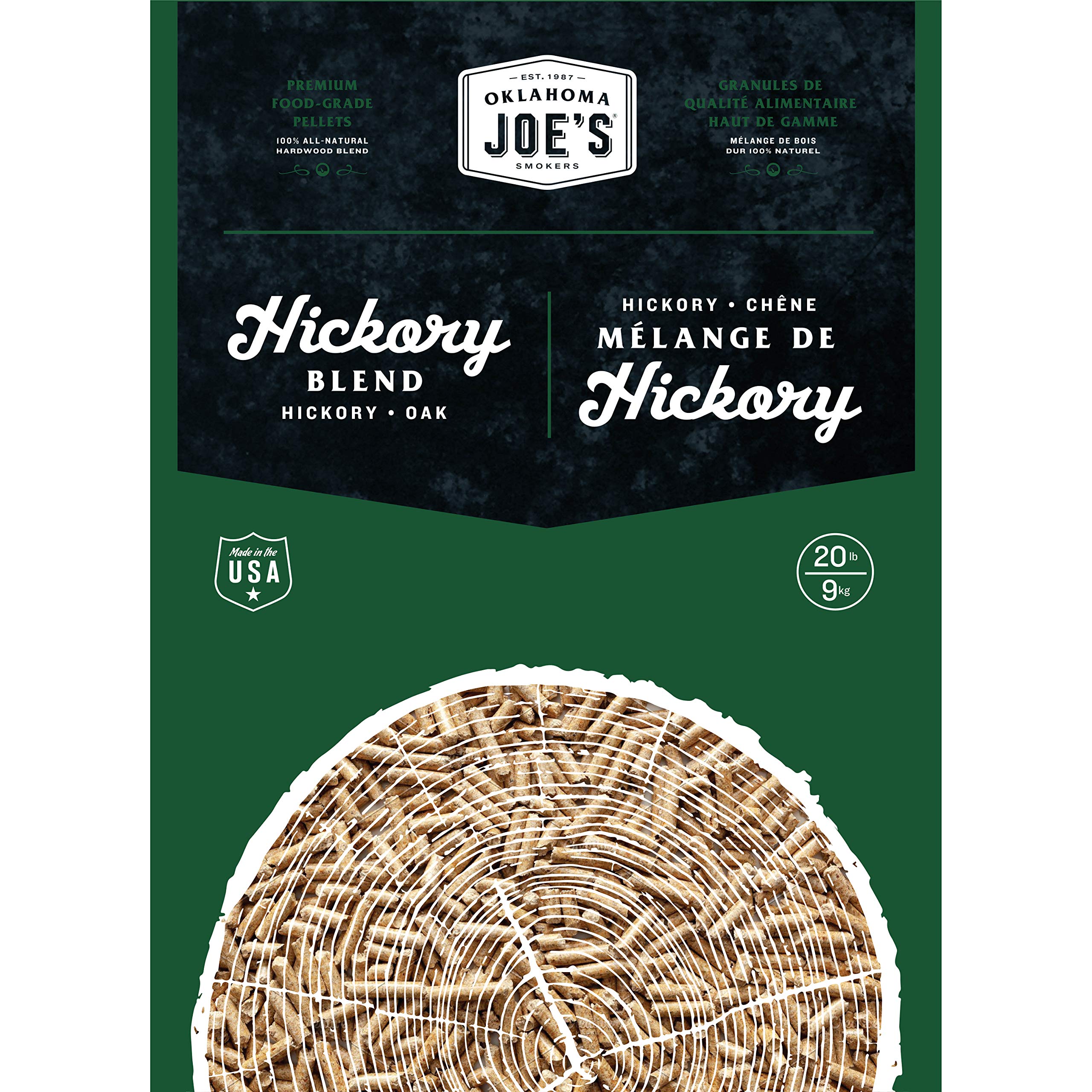Oklahoma Joe's Hickory pellets 20 lb bag ready for authentic smoky flavor.