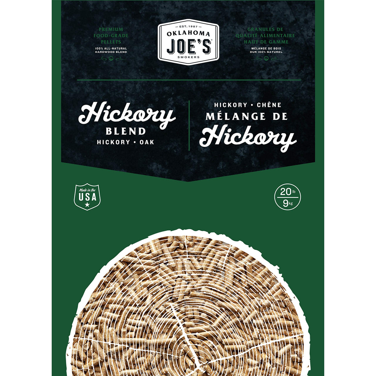 Oklahoma Joe's Hickory pellets 20 lb bag ready for authentic smoky flavor.