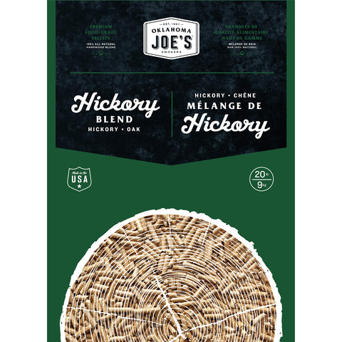 Oklahoma Joe's Hickory pellets 20 lb bag ready for authentic smoky flavor.