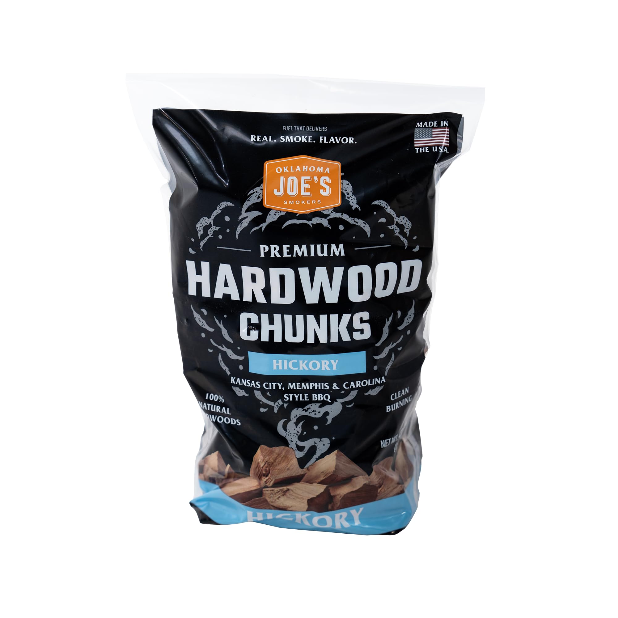 Oklahoma Joe's Hickory wood chunks in bag ready to smoke for rich flavor.