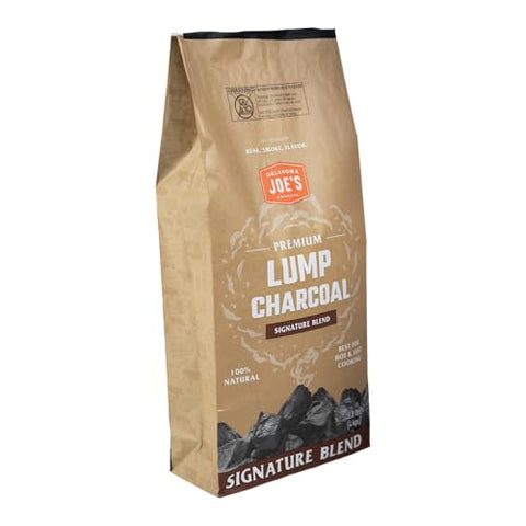Oklahoma Joe's lump charcoal in varying shapes enabling versatile grilling and high-heat searing.
