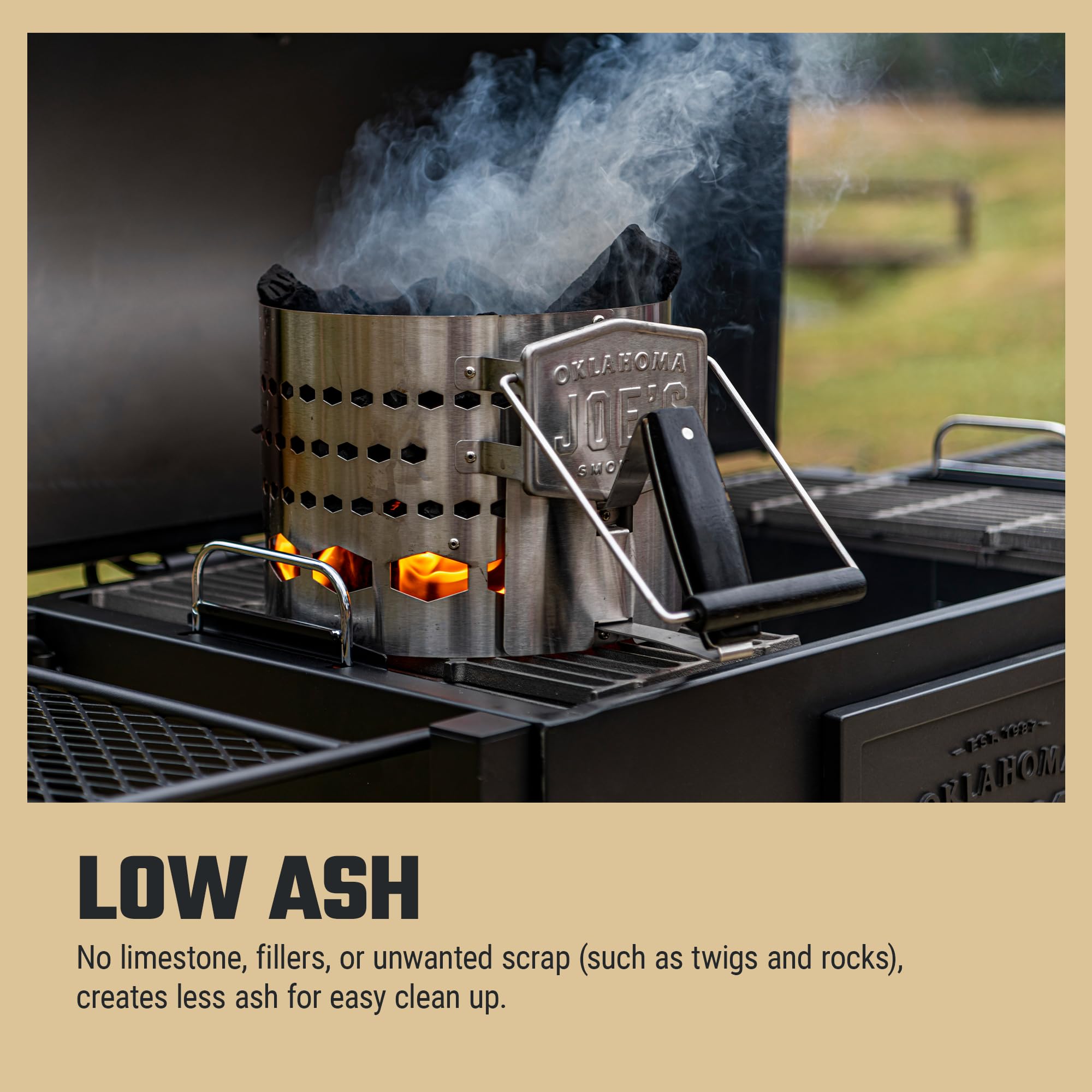 USA-made packaging of Oklahoma Joe's lump charcoal emphasizes domestic production quality.
