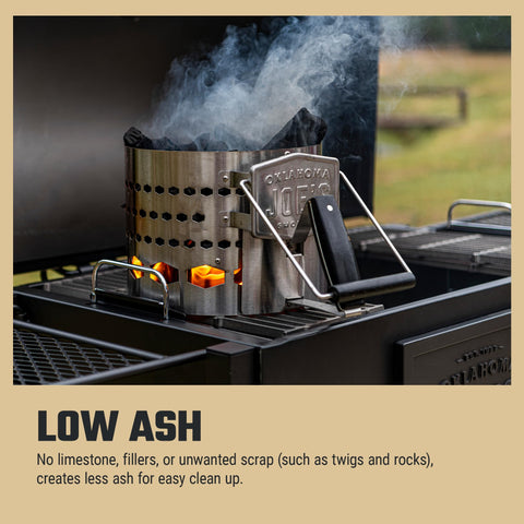 USA-made packaging of Oklahoma Joe's lump charcoal emphasizes domestic production quality.
