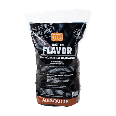 Oklahoma Joe's Mesquite Wood Chunks bag back shows size and usage guidance.